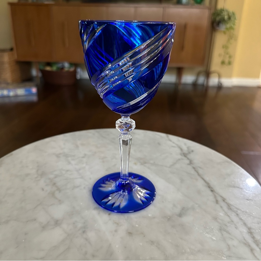 J G Durand Vintage Cobalt Blue Cut to Clear Wine Glass VIDEO